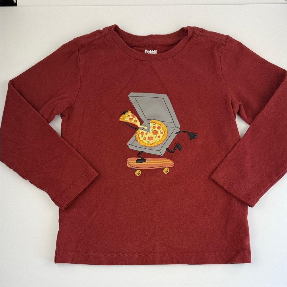 Pekkle Kids Long Sleeve T-Shirt Pizza Skateboard Graphic Red Size 5 NWOT